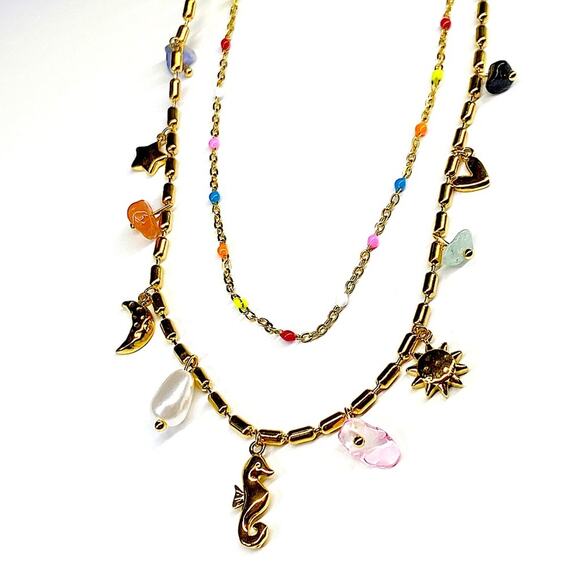 NEW Gold Sea Glass & Enamel Charm Double Strand Necklace - Picture 7 of 10